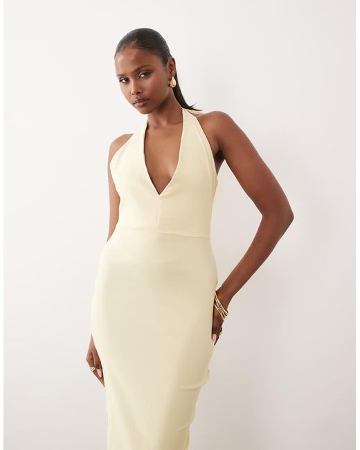 Vesper Natural Bengaline Scoop Halterneck Tie Detail Midi Dress