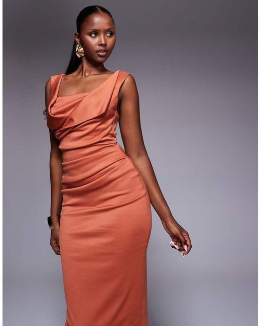 ASOS Red Square Neck Pleat Bust Midi Pencil Dress