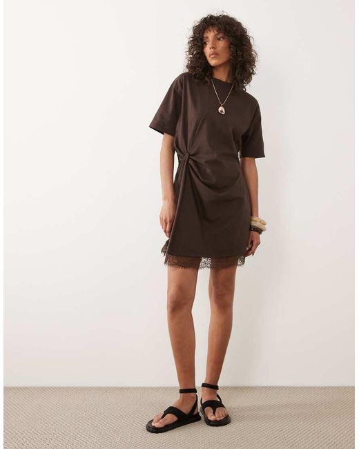 ASOS Brown Wrapped Waist Mini Dress With Lace Hem