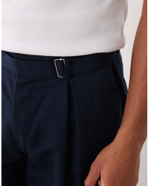 ASOS Blue Linen Rich Tailored Belted Wide Barrel Leg Trousers for men
