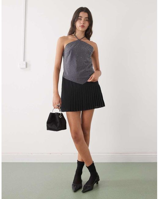 Weekday Gray Halterneck Top With Rhinestones