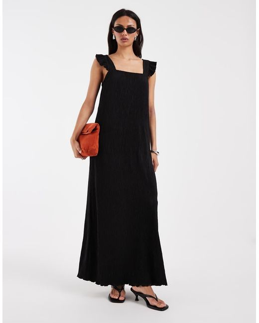 Pieces Black Plisse Maxi Dress With Frill Sleeves
