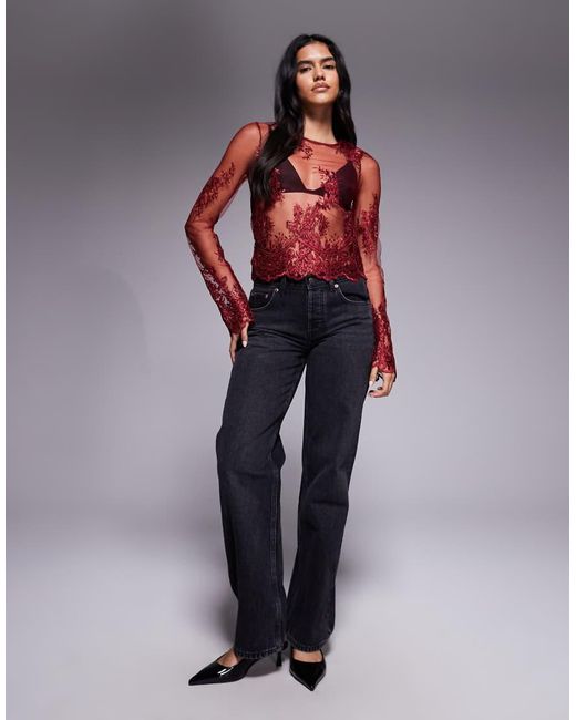 ASOS Red Embroide Long Sleeve Sheer Scalloped Hem Top