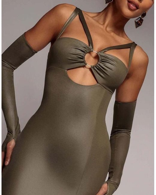 Goddiva Brown Faux Leather Cut Out Maxi Dress