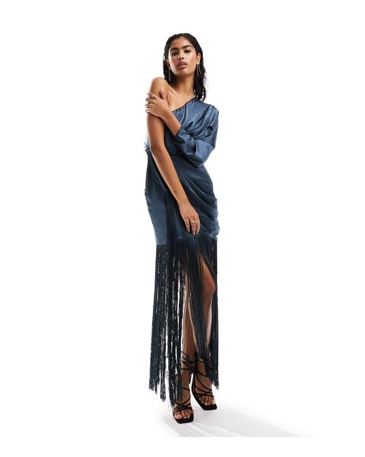 ASOS Blue Satin One Sleeve Ruched Maxi Dress With Fringe Detail