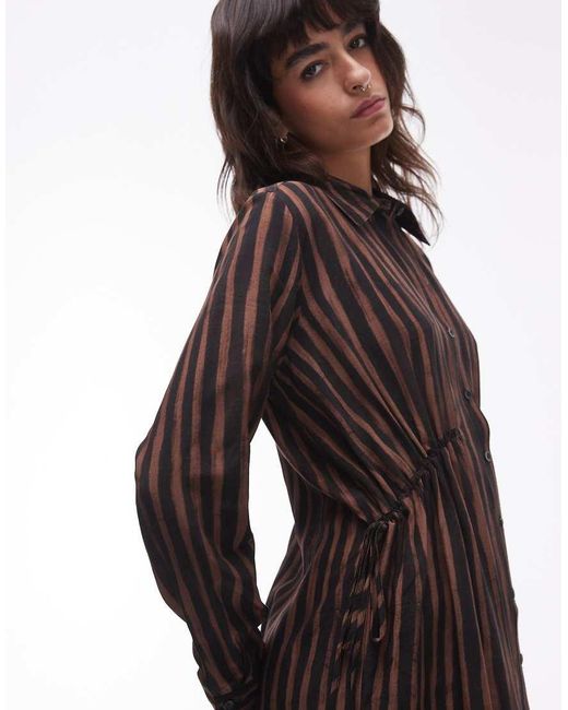TOPSHOP Gestreepte Mini Overhemdjurk Met Gerimpelde Zijkant in het Brown