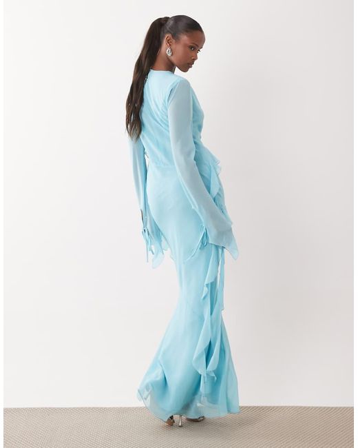 DASKA Blue Chiffon High Cowl Neck Frill Detail Maxi Dress