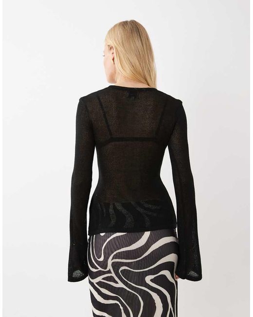 SNDY'S Black Fine Knit Button Through Flare Sleeve Cardigan Top