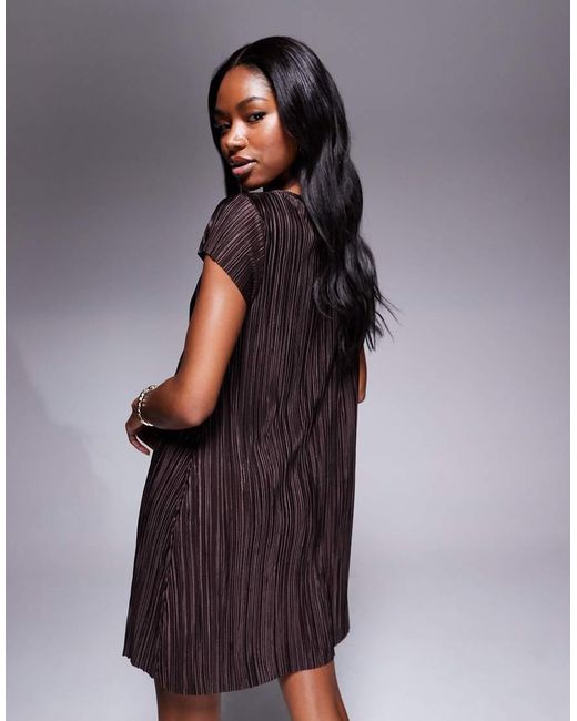 ASOS Brown Plisse Cap Sleeve Mini Dress