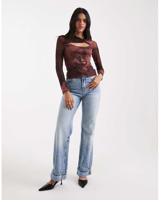 New Look Red Mesh Floral Cut Out Long Sleeve Top