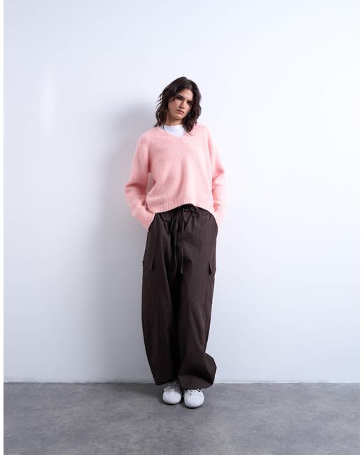 Pull à col v en laine mélangée TOPSHOP en coloris Pink