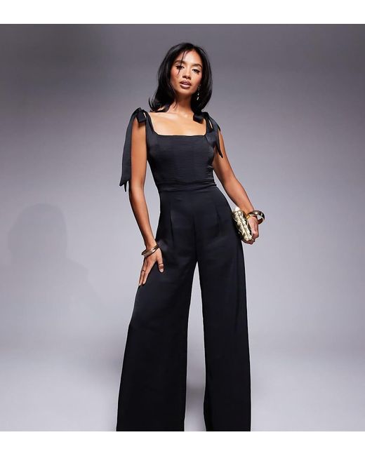 TFNC London Blue Tie Shoulder Satin Wide Leg Jumpsuit