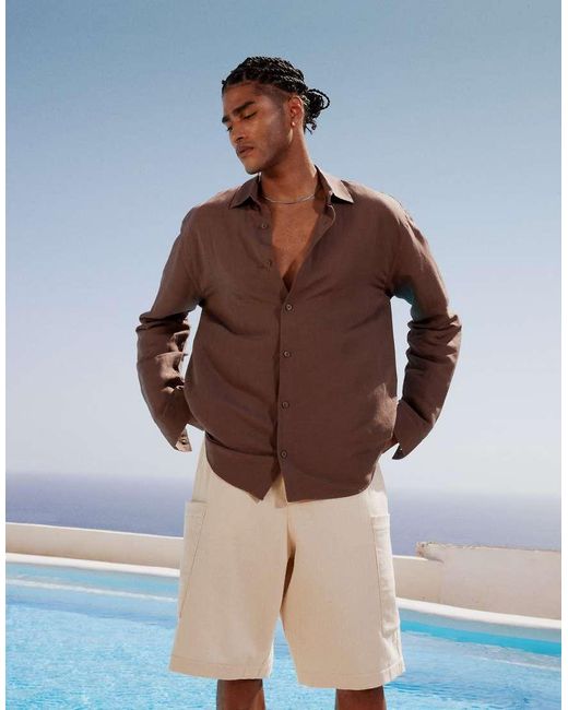 Topman Brown Regular Fit Long Sleeve Linen Shirt for men