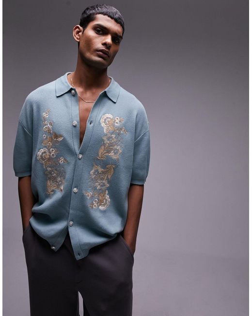 Topman Blue Relaxed Floral Embroidered Knitted Shirt for men