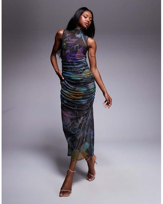 ASOS Blue Mesh Grown On Neck Ruched Drape Midi Dress
