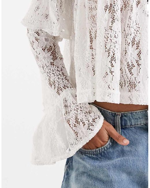 Free People White Boho Ruffle Long Sleeve Lace Blouse
