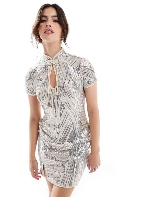 Superdry White Mandarin Sequin Mini Dress