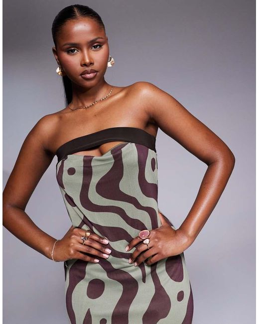 Vestito Midi A Fascia Stampato Con Scollo A Contrasto E Dettaglio Drappeggiato di ASOS in Gray
