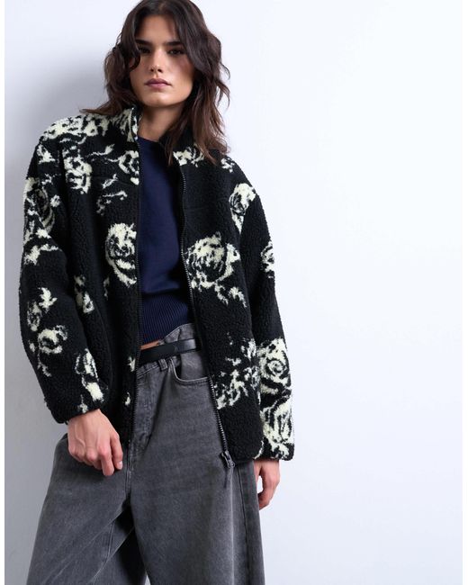 TOPSHOP Blue – fleecejacke aus teddyfell mit blumenmuster