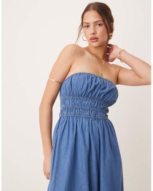 ASOS Blue Strapless Jumpsuit With Shirring Body
