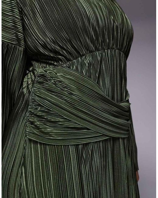 ASOS Green Asos Design Curve Plisse Long Sleeve Drape Waist Midi Dress