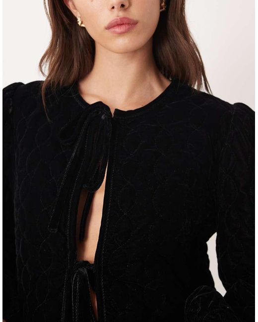 Nobody's Child Black Cropped Velvet Quilted Jacket With Tie Front