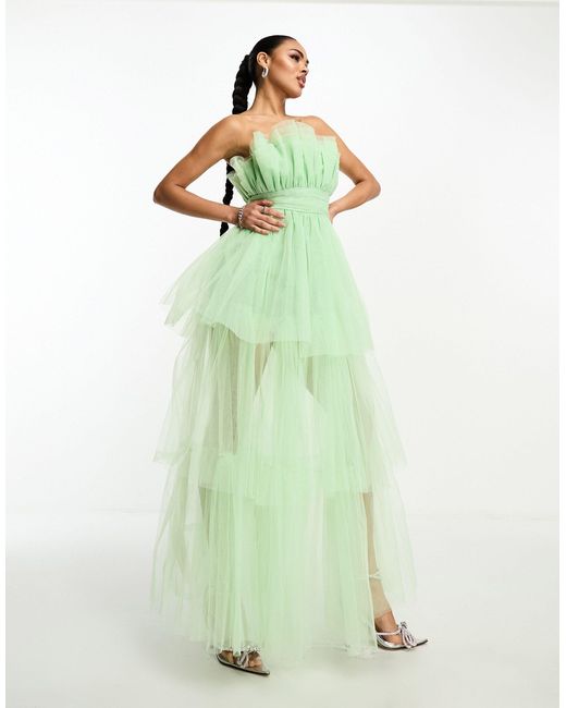 LACE & BEADS Green Bandeau Tulle High Low Maxi Dress