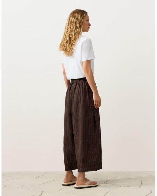 Oysho Brown Striped 100% Linen Balloon Trousers