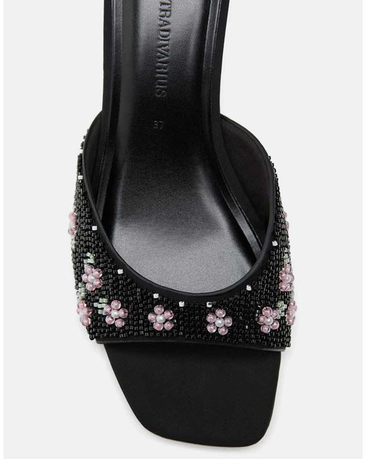 Stradivarius Black Heeled Mule Sandals With Bead Detail