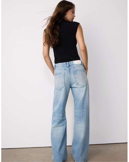 Stradivarius Blue Low-rise Wide-leg Jeans With Star Detail