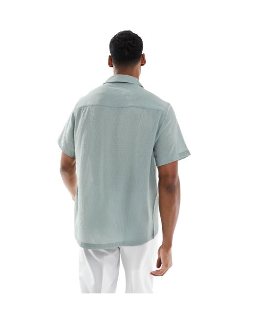 ASOS Blue Short Sleeve Relaxed Revere Collar Texture Shirt for men