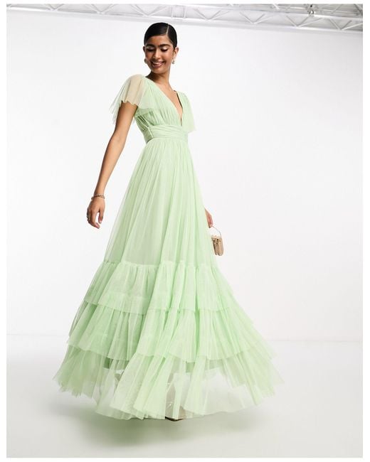 LACE & BEADS Bridesmaid Madison V Neck Tulle Maxi Dress in Green | Lyst