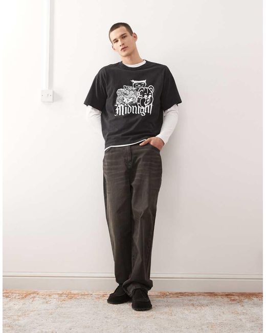 Weekday Black Great Boxy Oversized T-Shirt With Midnight Characters Graphic Print for men