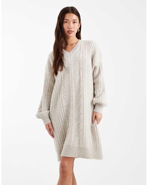 French Connection White Slouchy Cable Knit Mini Jumper Dress