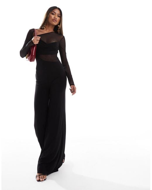 ASOS Blue Long Sleeve Mesh Mix Jumpsuit With Twist Bust