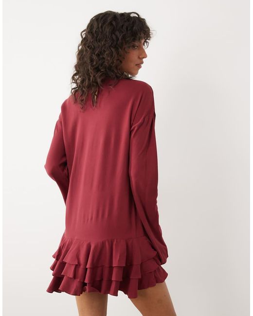 ASOS Red Slash Neck Mini Dress With Ruffle Skirt