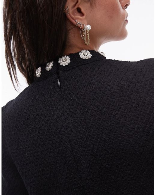 & Other Stories Black Tweed Mini Dress With Embellished Neckline