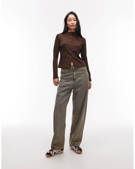 ASOS Brown Long Sleeve Buttoned Front Top