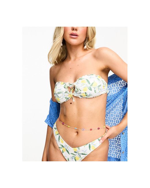 Hollister Blue Rib Bandeau Bikini Top Co-ord With Lemon Print