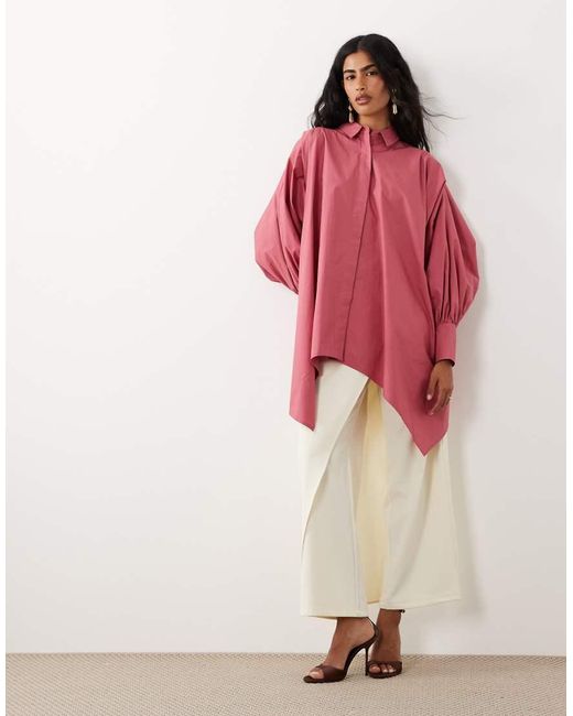 Iyal Red Drape Hem Balloon Sleeve Shirt