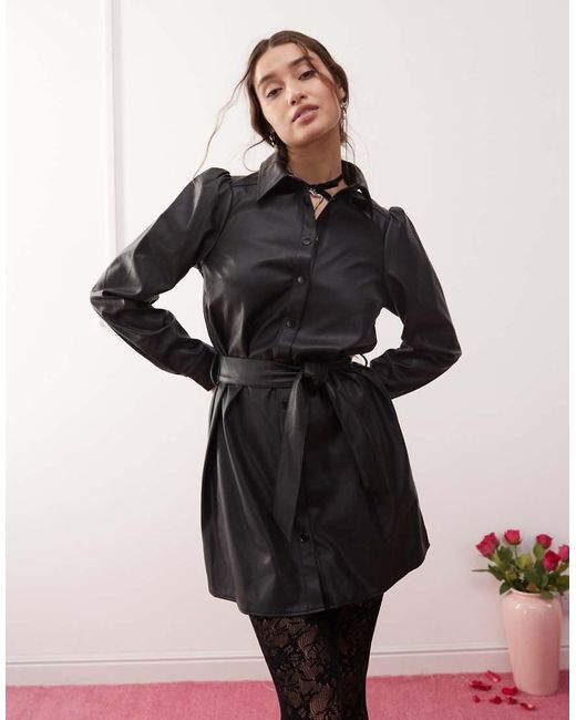 Miss Selfridge Black Faux Leather Belted Shirt Dress