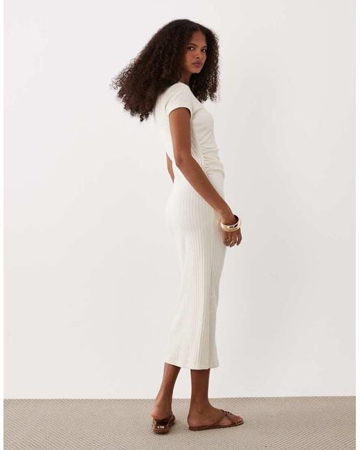 ASOS White Ribbed Cap Sleeve Ruched Midi Dress