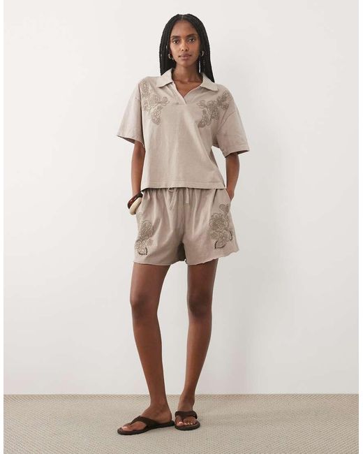 Miss Selfridge Natural Embroidered Polo Shirt Co-ord