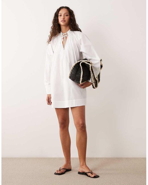 ASOS Pink High Neck Tie Poplin Mini Dress With Puff Sleeve