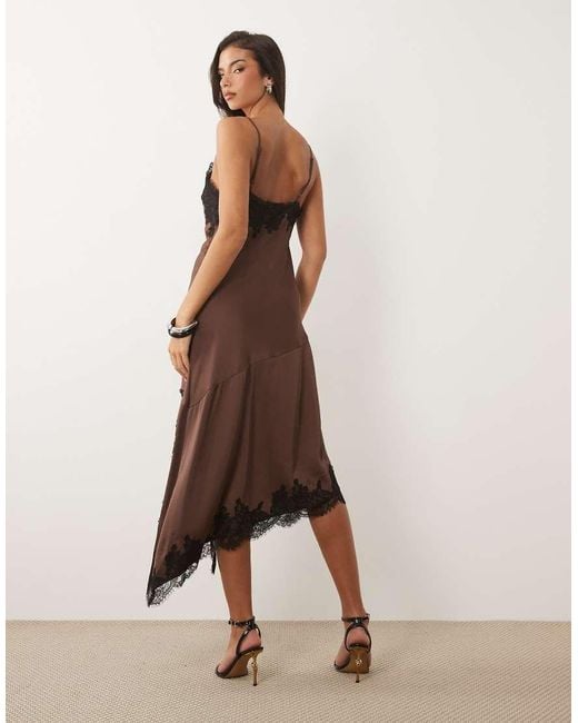 Nobody's Child Natural Zaria Satin Lace Trim Split Front Cami Midi Dress