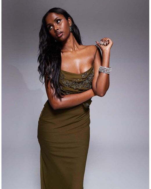 Vestido Largo De Corte Al Bies Con Tirantes Finos, Cuerpo Drapeado Y Abalorios De -Verde ASOS de color Brown