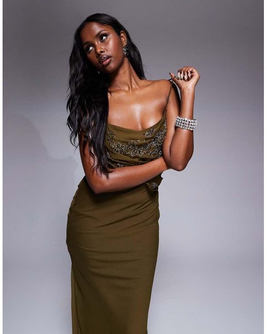 ASOS Maxi Jurk Met Versiering, Camibandjes, Gedrapeerd Lijfje En Schuingesneden Rok in het Brown