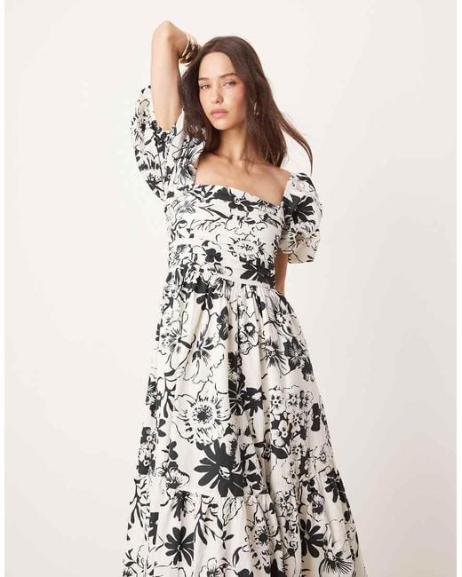 Abercrombie & Fitch White Emerson Floral Midi Dress With Puff Sleeves