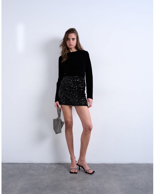 TOPSHOP Black Velvet Sequin Drape Mini Skirt