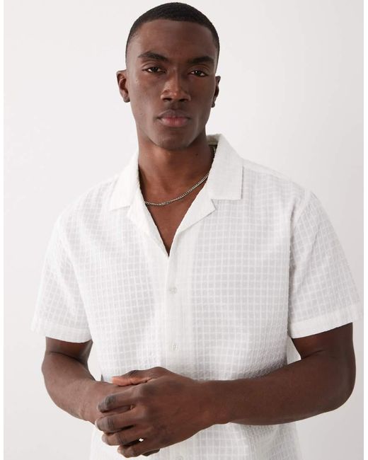 Brave Soul White Short Sleeve Textured Shirt With Revere Collar for men